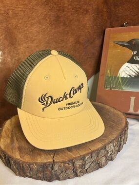 Duck Camp Trucker Hat | Tan + Green Mesh Snapback Hunting Fishing Outdoor Cap